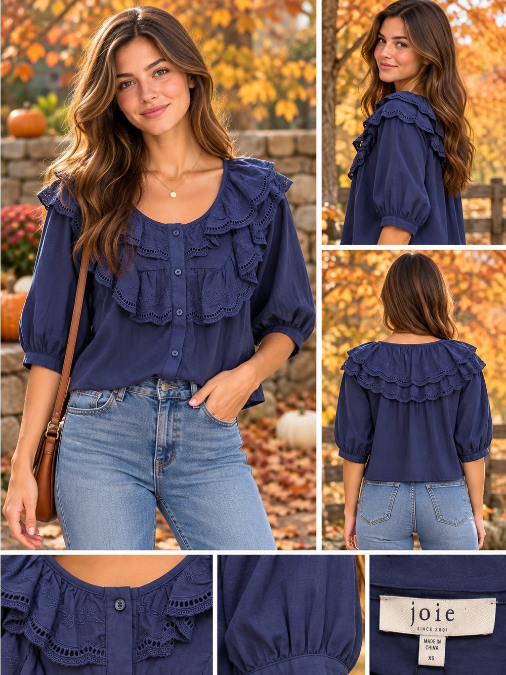 joie Ruffle Eyelet 100%Cotton Shirt Embroidered Blouse navy XS